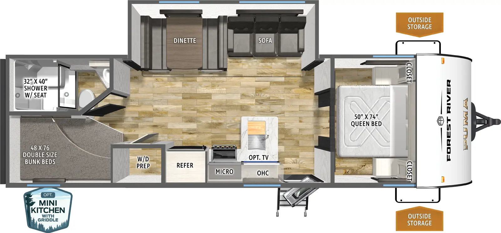 The Puma Camping Edition 283BHCE floorplan has one entry and one slide out. Exterior features include: metal exterior, 15' awning and outside kitchen. Interiors features include: bunk beds and front bedroom.